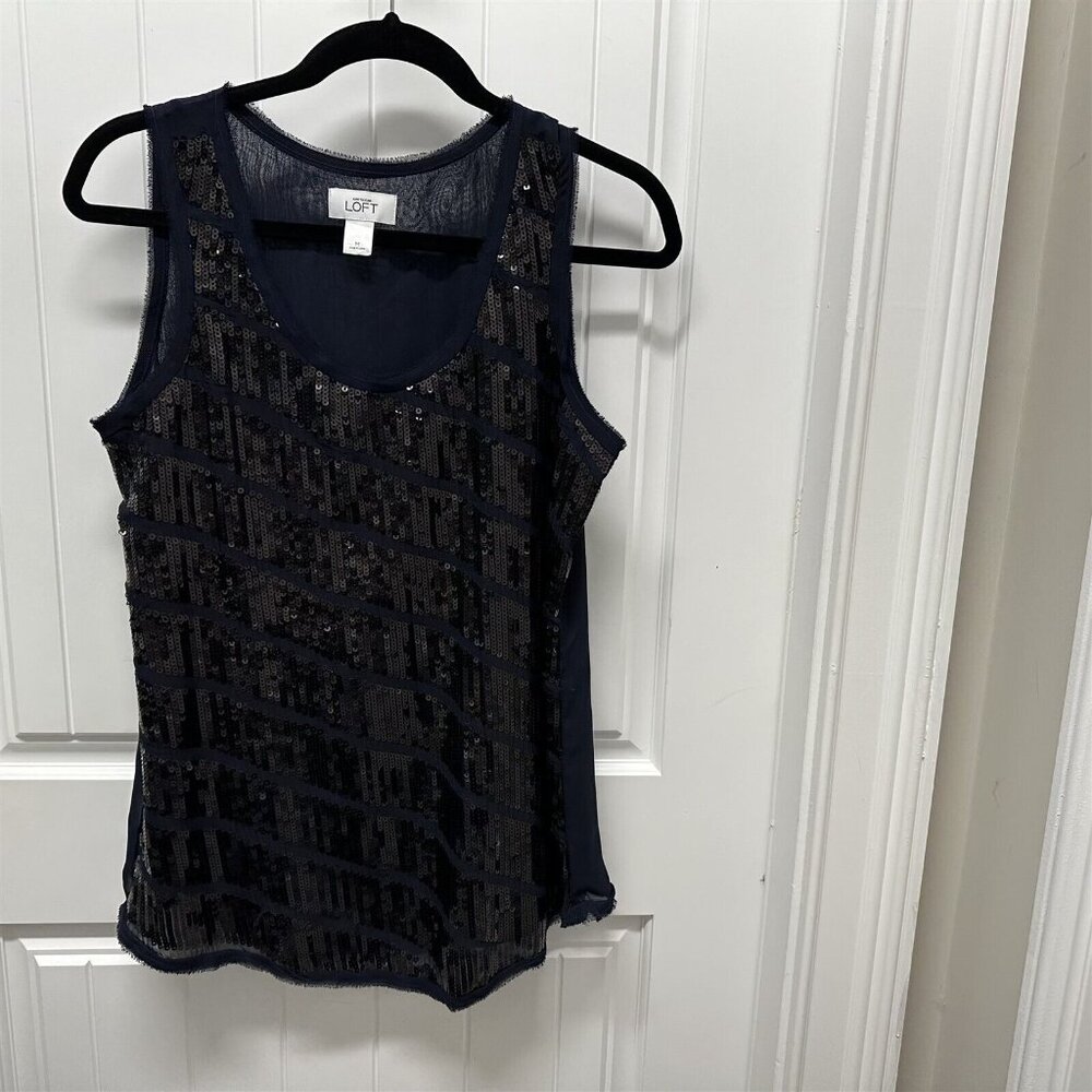 Ann Taylor Loft Sleeveless Sequin Tank- Shell Navy Blue Raw Edge Size Medium